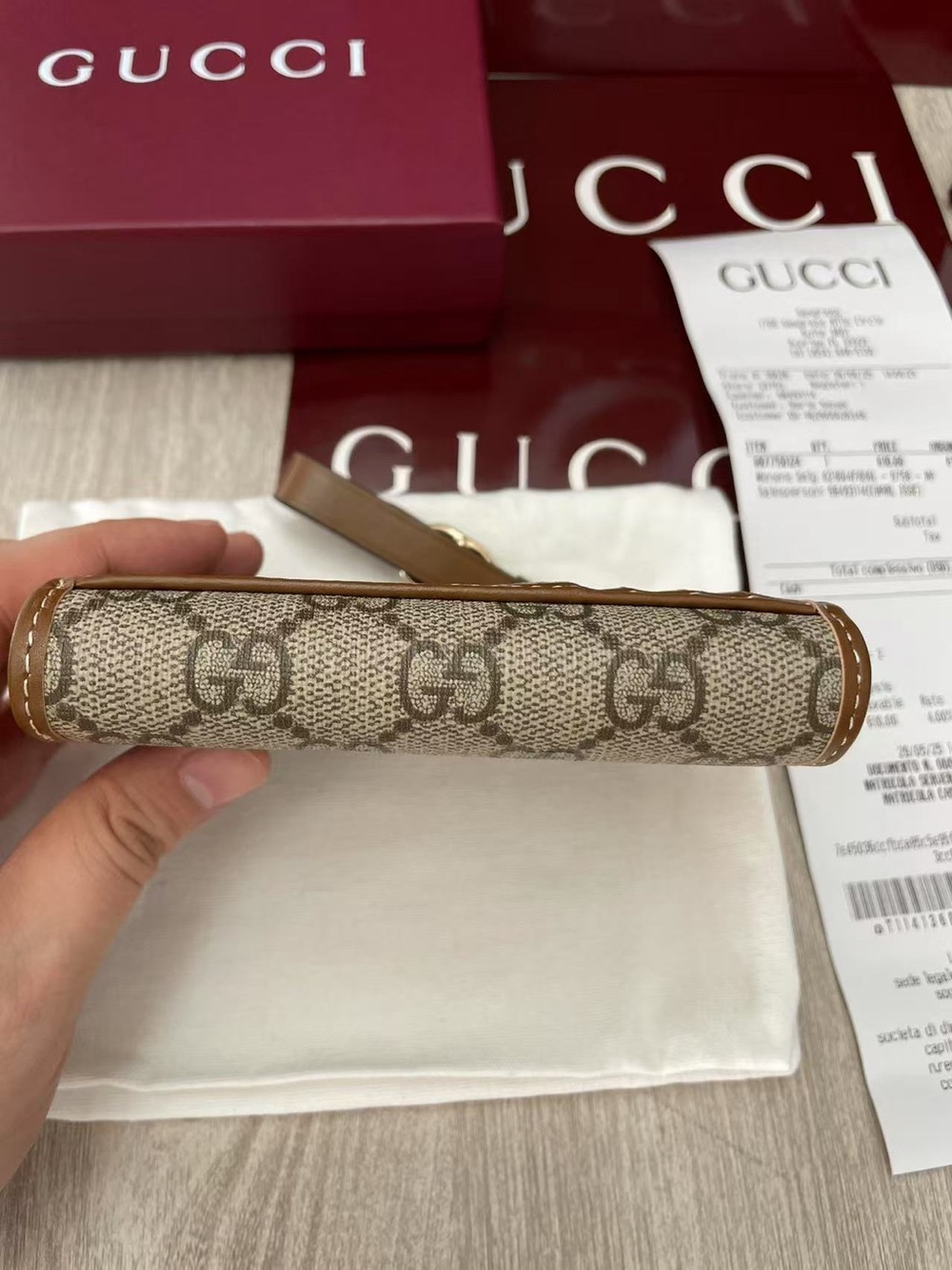 Gucci Beige GG Supreme Canvas Zip Card Case with Brown Leather Trim - Picture 5 of 12